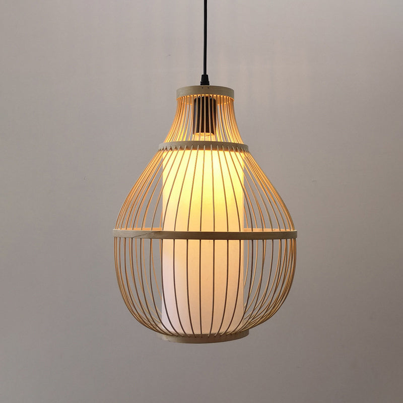 Beige Pear Hanging Lamp Chinese 1 Head Bamboo Ceiling Pendant Light for Dining Room