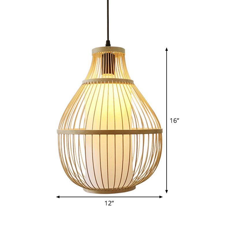 Beige Pear Hanging Lamp Chinese 1 Head Bamboo Ceiling Pendant Light for Dining Room