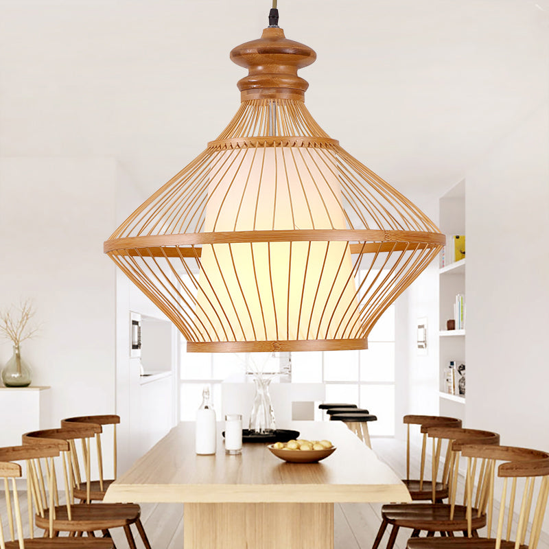 Lampada del soffitto di Bamboo Urn giapponese 1 Luce a sospensione sospesa a testa in beige con tonalità di pergamena bianca conica