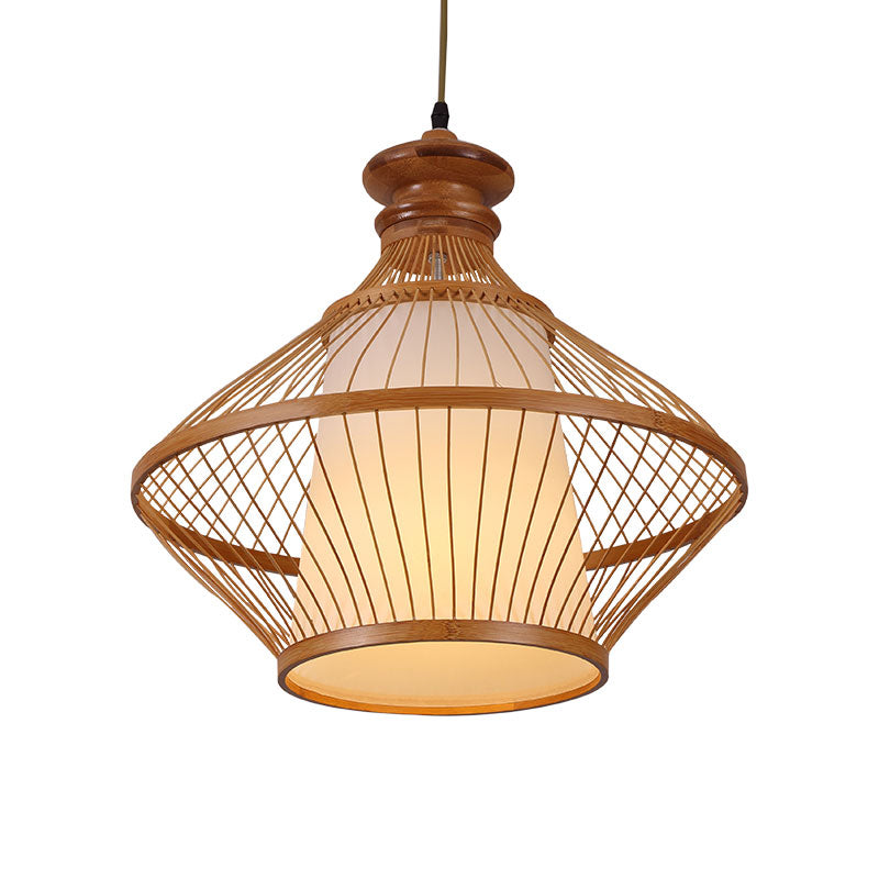 Lampada del soffitto di Bamboo Urn giapponese 1 Luce a sospensione sospesa a testa in beige con tonalità di pergamena bianca conica