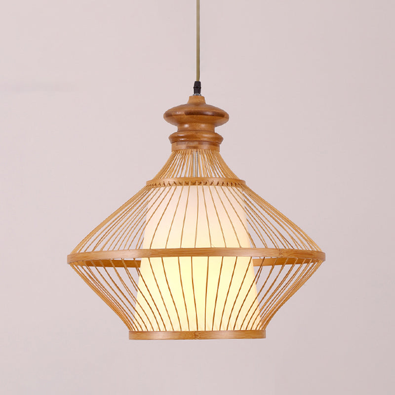 Lampada del soffitto di Bamboo Urn giapponese 1 Luce a sospensione sospesa a testa in beige con tonalità di pergamena bianca conica