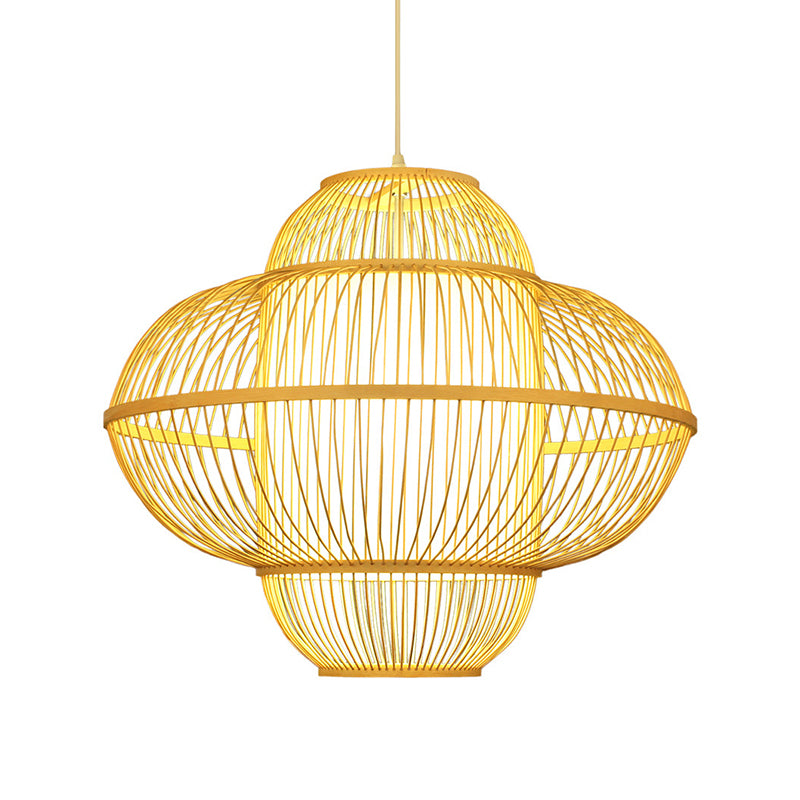 Lantern Pendant Lamp Chinese Bamboo 1 Head Beige Hanging Ceiling Light, 18"/23.5" Wide