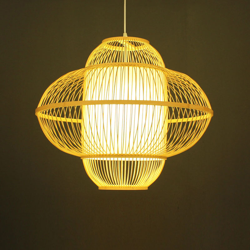 Lantern Pendant Lamp Chinese Bamboo 1 Head Beige Hanging Ceiling Light, 18"/23.5" Wide