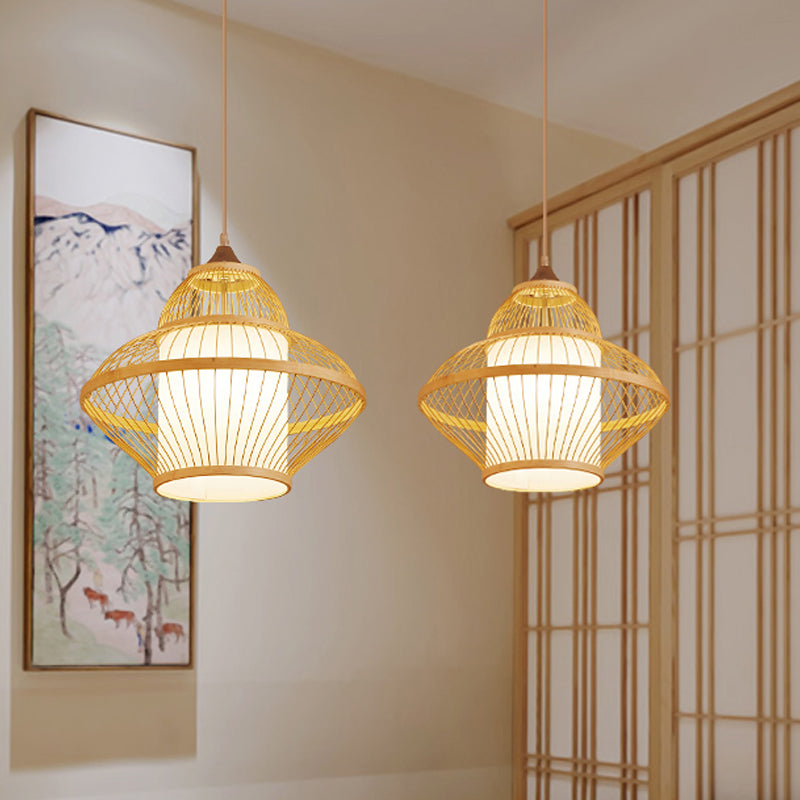 Curvy Pendant Lighting Japanese Bamboo 14"/17" Wide 1 Bulb Wood Ceiling Hanging Light