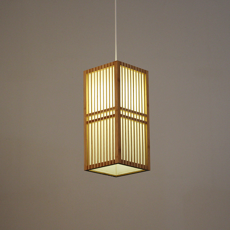 Rectangle Wood Hanging Light Asia 1 Bulb Beige Suspended Lighting Fixture with Adjustable Cord