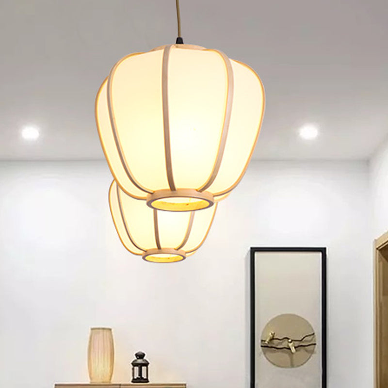 1 Head Restaurant Ceiling Lamp Asian Beige Hanging Pendant Light with Lantern Wood Shade