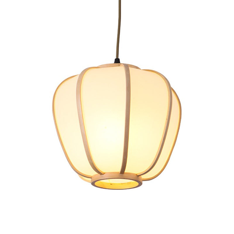 1 Head Restaurant Ceiling Lamp Asian Beige Hanging Pendant Light with Lantern Wood Shade