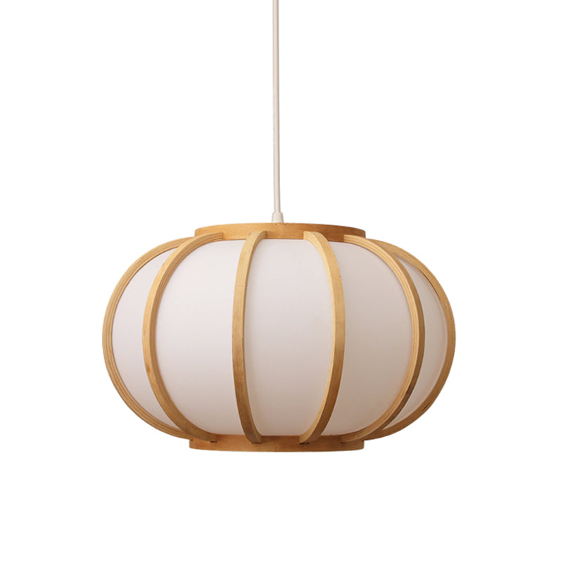 Wood Pumpkin Ceiling Light Japanese 1 Head Beige Suspended Lighting Fixture for Bedroom