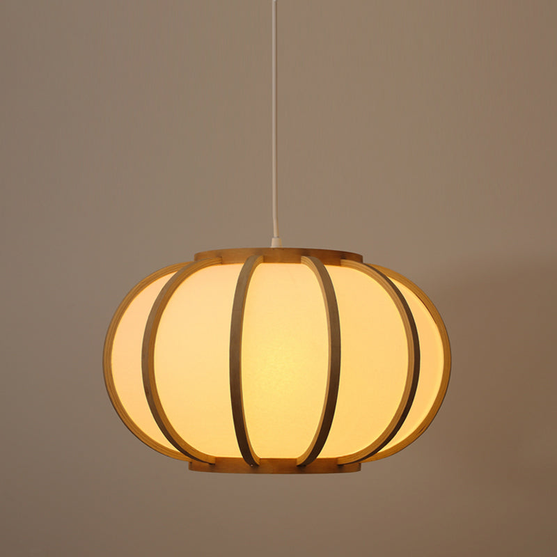 Wood Pumpkin Ceiling Light Japanese 1 Head Beige Suspended Lighting Fixture for Bedroom