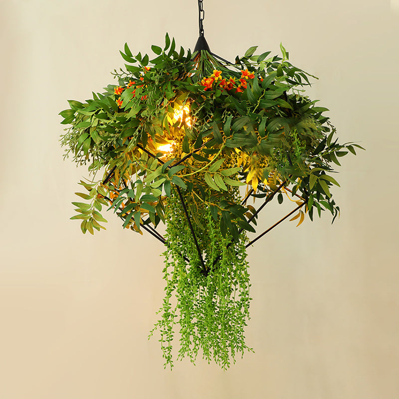 Industrial Plant Chandelier Light Fixture 3 Bulbs Metal LED Suspension Lighting in Green