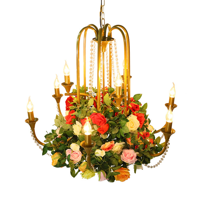 Candle Restaurant Chandelier Lighting Industrial Metal 9 Bulbs Gold Ceiling Pendant Light with Rose Decor