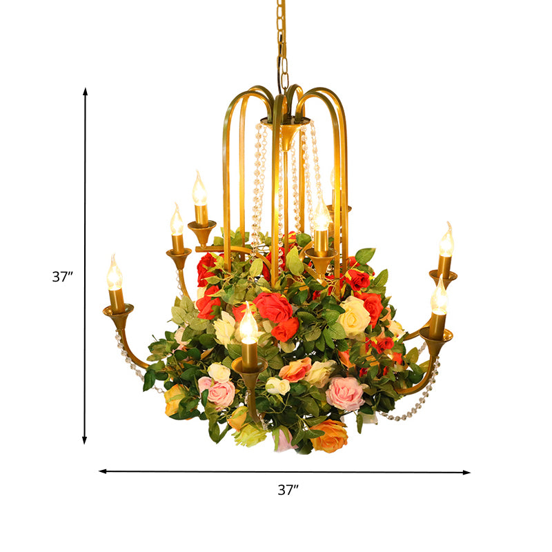 Candle Restaurant Chandelier Lighting Industrial Metal 9 Bulbs Gold Ceiling Pendant Light with Rose Decor