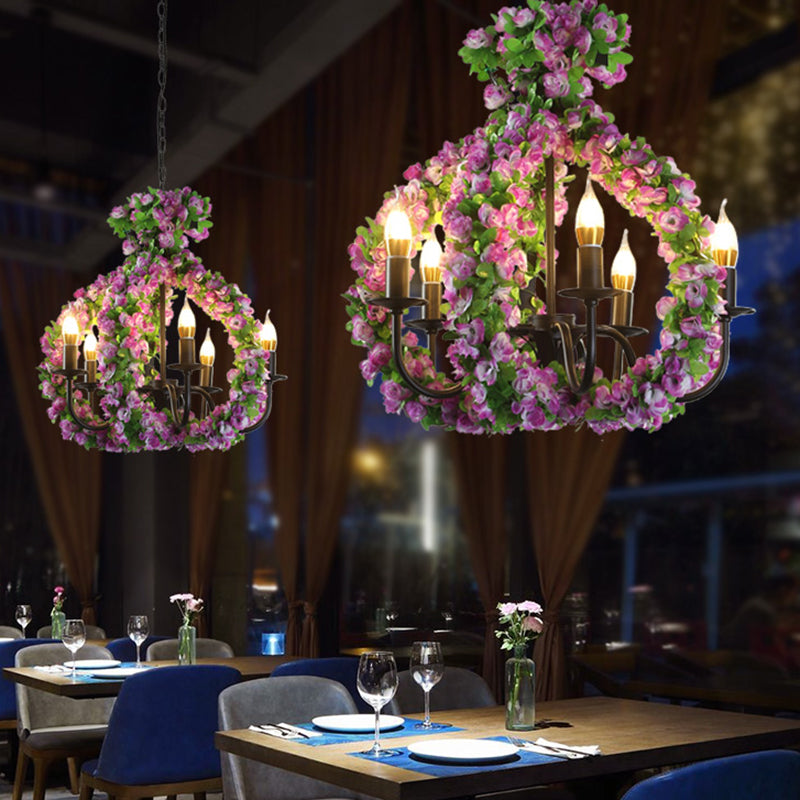 Lámpara de colgante de araña de metal de vela antigüedad 5 luces lámpara de suspensión de restaurante en negro con decoración de flores