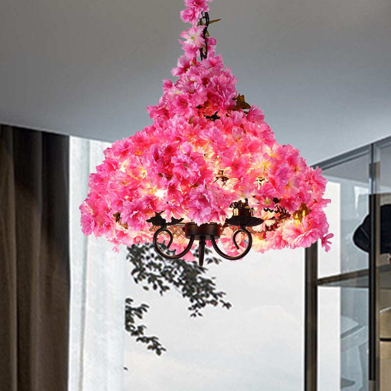 Cherry Blossom Metal Chandelier Light Industrial 3 Bulbs Restaurant LED Hanging Lamp in Pink