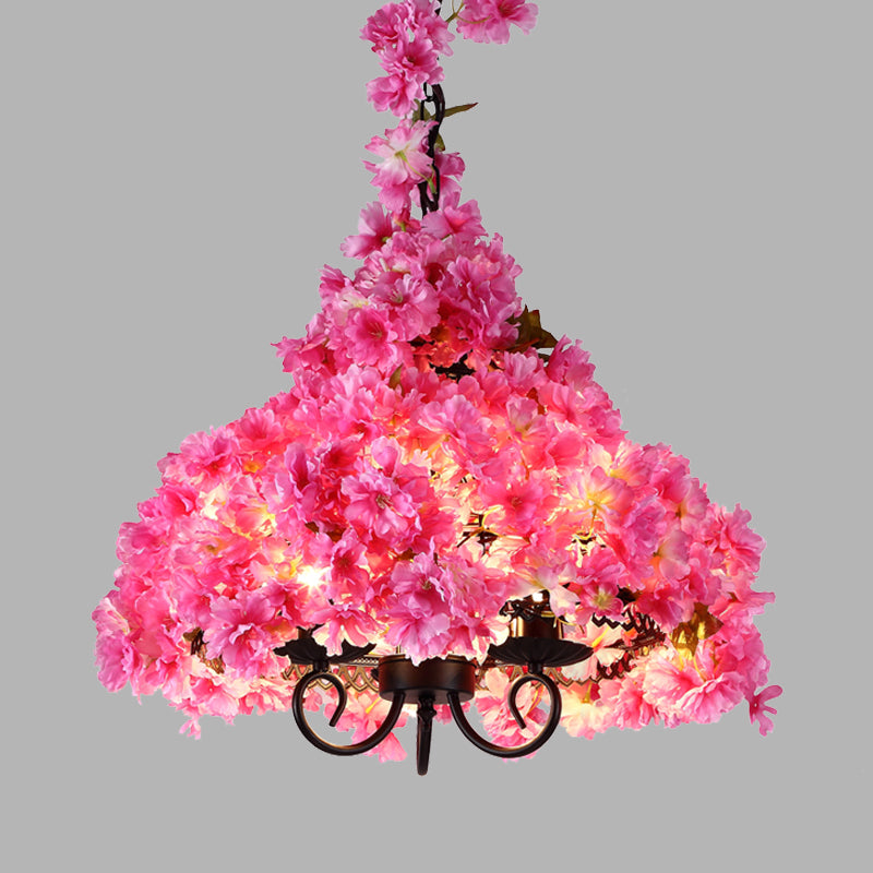 Cherry Blossom Metal Chandelier Light Industrial 3 Bulbs Restaurant LED Hanging Lamp in Pink