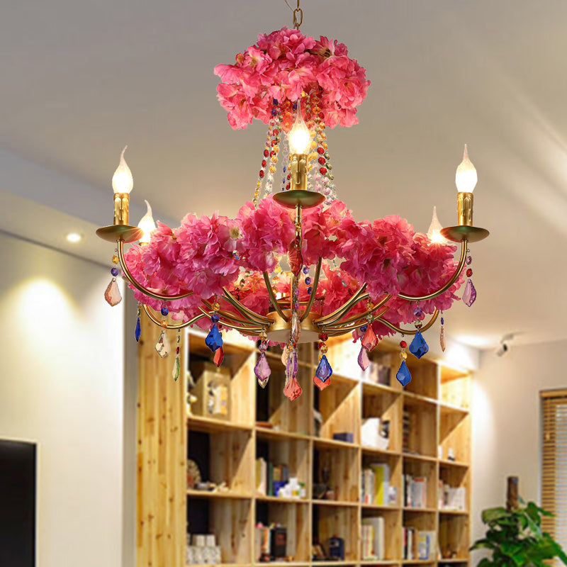 Metal Pink Flower Chandelier Lamp Candelabra 6 Bulbs Antique LED Hanging Ceiling Light with Dangling Crystal