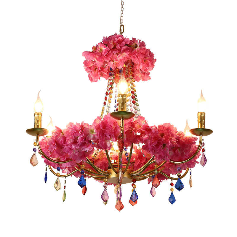 Metal Pink Flower Chandelier Lamp Candelabra 6 Bulbs Antique LED Hanging Ceiling Light with Dangling Crystal