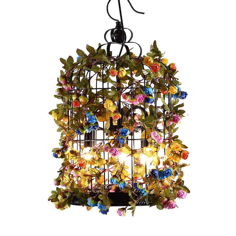 Green 3 Heads Chandelier Lighting Industrial Metal Birdcage LED Flower Suspension Pendant