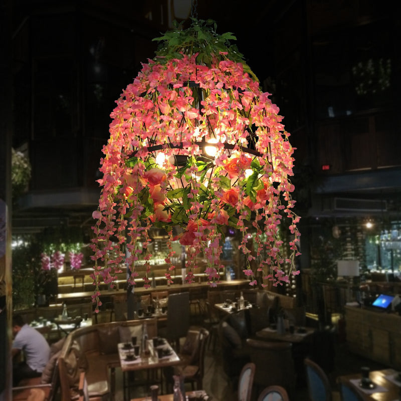 Pink Floral Chandelier Pendant Light Industrial Metal 3 Heads Restaurant LED Hanging Lamp