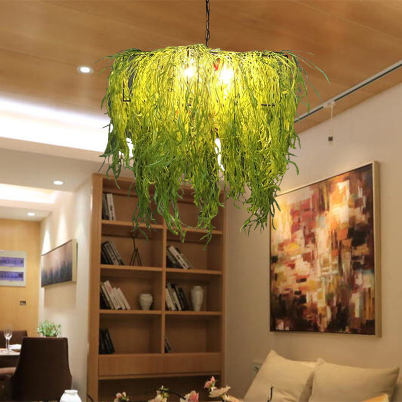 3 Bulbs Chandelier Light Industrial Plant Metal LED Suspension Lamp in Green for Restaurant