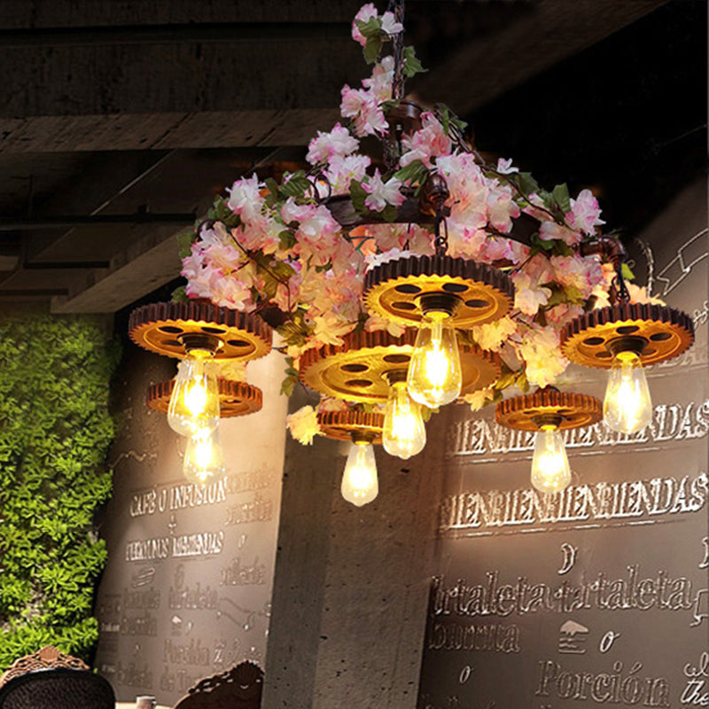 Pink 7 Glühbirnen Anhänger Kronleuchter Industrial Metall Bare Lampe Deckenhänge mit Kirschblüte