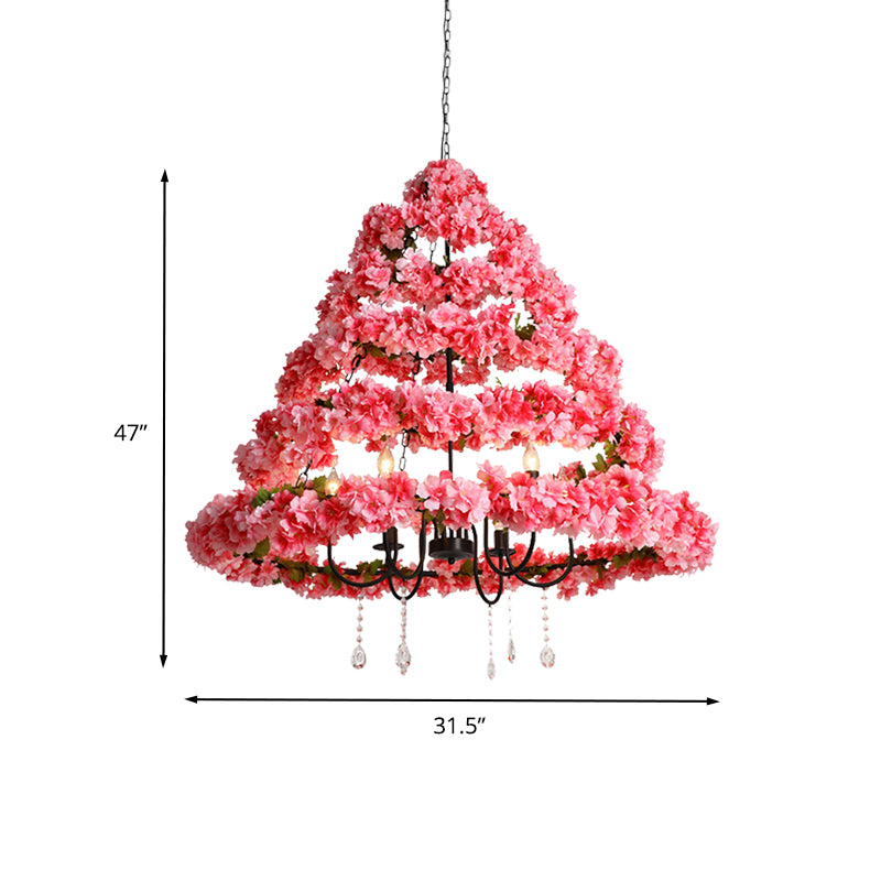 Kirschblütenrestaurant Kronleuchter leichter Industriemetall 5 Glühbirnen Rosa Hanging Lampe mit baumelnden Kristall, 31,5 "/43" W.