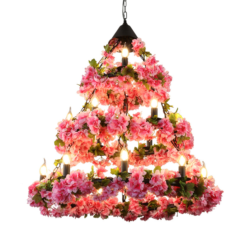 Rose Pink 18 Heads Chandelier Lighting Vintage Metal 3 Tiers LED Suspension Pendant with Flower Decor