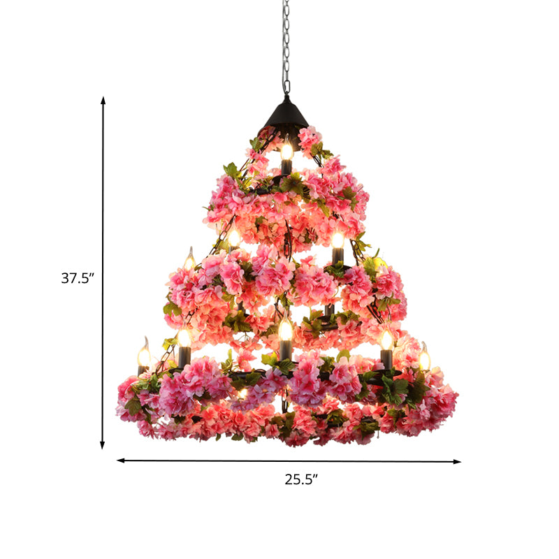 Rose Pink 18 Heads Chandelier Lighting Vintage Metal 3 Tiers LED Suspension Pendant with Flower Decor