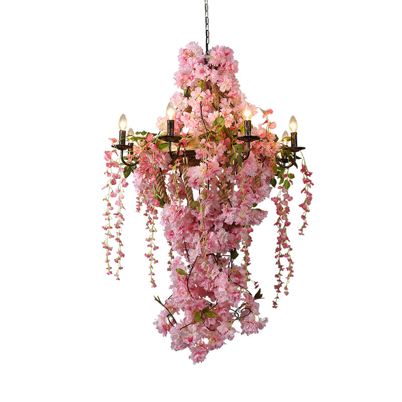 Candlestick Restaurant Chandelier Light Industrial   Metal 6/8 Bulbs Pink LED Flower Hanging Lamp