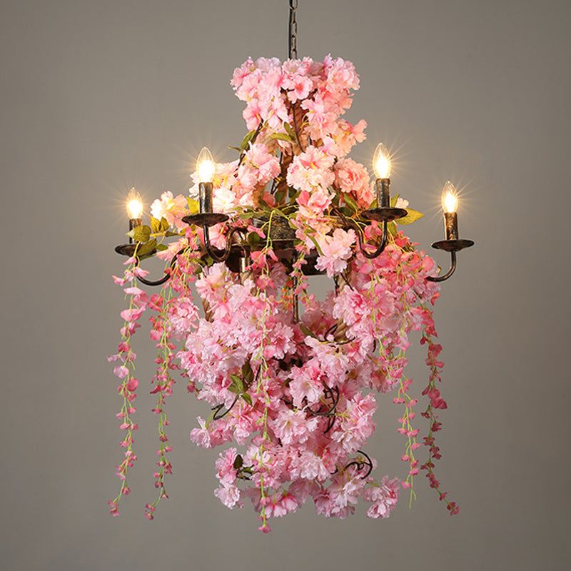 Candlestick Restaurant Chandelier Light Industrial   Metal 6/8 Bulbs Pink LED Flower Hanging Lamp