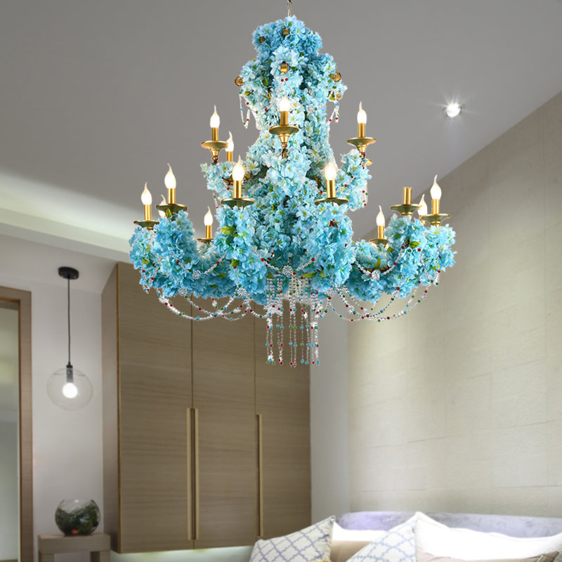 Lampada blu Candelabra Led Light Light Vintage Metal 12 Luci Restauranti Flower Drop Lampade con accento di cristallo