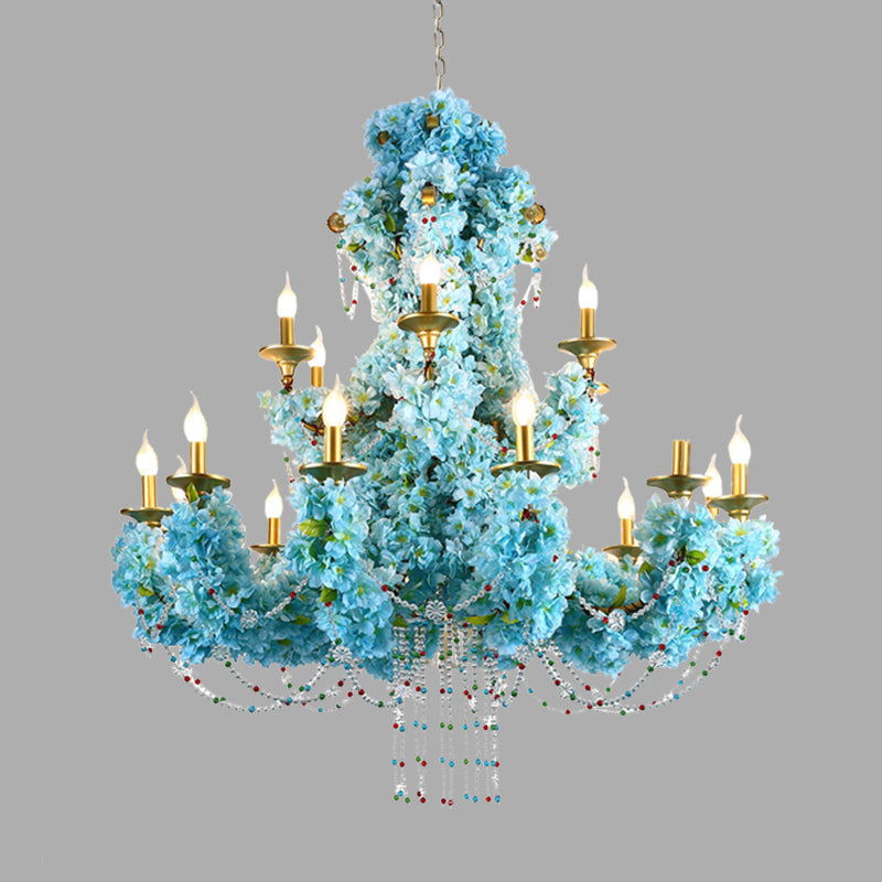 Blue Candelabra LED Chandelier Light Vintage Metal 12 Lights Restaurant Flower Drop Lamp with Crystal Accent