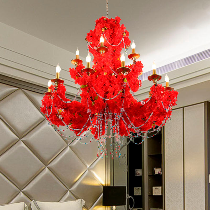 Metal Candle Pendant Chandelier Antique 12 Bulbs Restaurant LED Rose Ceiling Lamp in Red with Crystal Accent