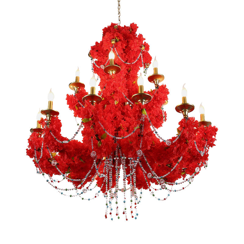 Metal Candle Pendant Chandelier Antique 12 Bulbs Restaurant LED Rose Ceiling Lamp in Red with Crystal Accent