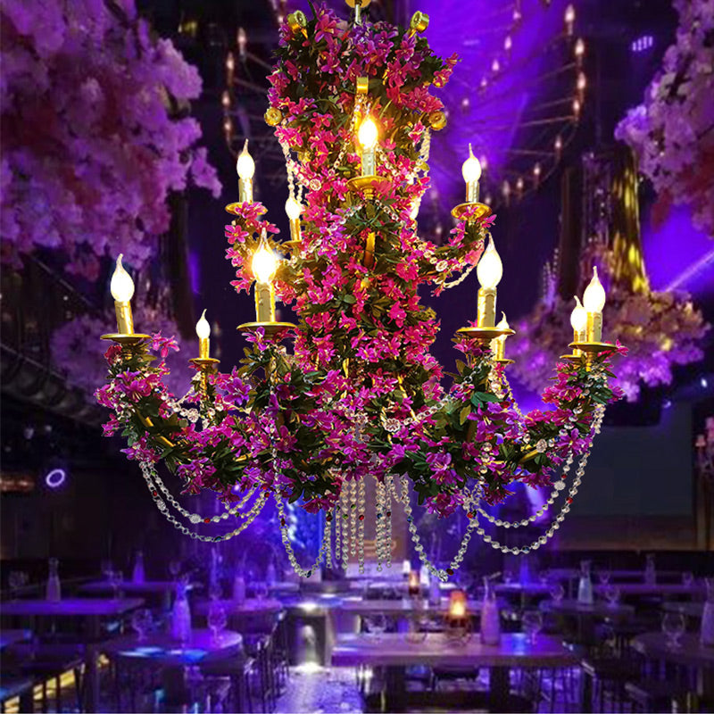 15 Lights Metal Ceiling Chandelier Retro Purple Candle Restaurant LED Lily Down Lighting with Crystal Draping