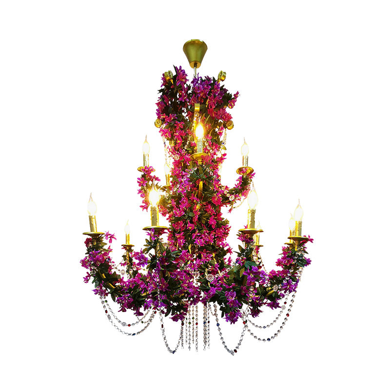 15 Lights Metal Ceiling Chandelier Retro Purple Candle Restaurant LED Lily Down Lighting with Crystal Draping