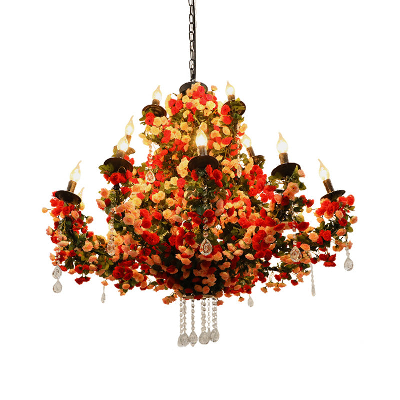 Candle Restaurant Flower Chandelier Light Industrial Metal 15 Bulbs Red LED Pendant Lighting with Crystal Accent