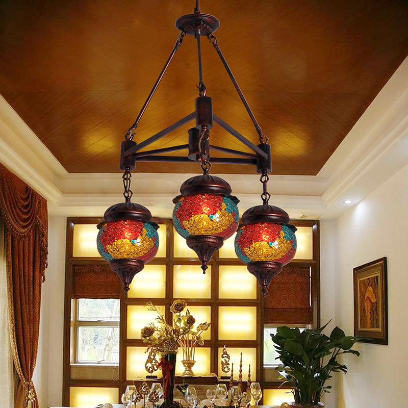 3 Bulbs Ball Chandelier Pendant Lighting Traditional Red-Yellow-Blue Glass Hanging Lamp Kit for Living Room