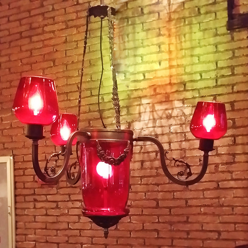 Copa de techo negro de vidrio rojo Copa con forma de 4 cabezas Art Deco Suspension Light