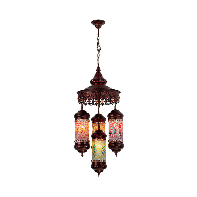 Cilindro de cobre Candelier Iluminación Art Deco Vidrete manchado 4 luces Lámpara colgante colgante