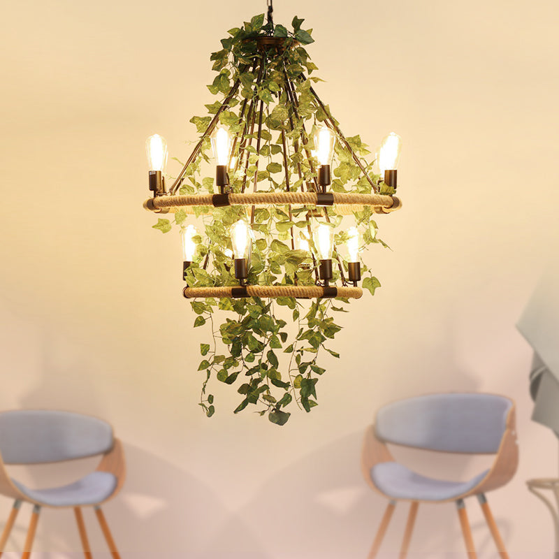 Green 6/8/14 Heads Suspension Lighting Industrial Metal Round Chandelier Light with Plant Decoration