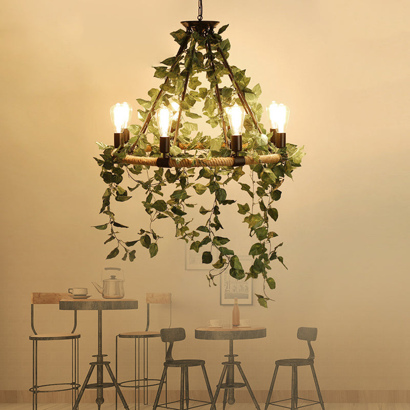 Green 6/8/14 Heads Suspension Lighting Industrial Metal Round Chandelier Light with Plant Decoration