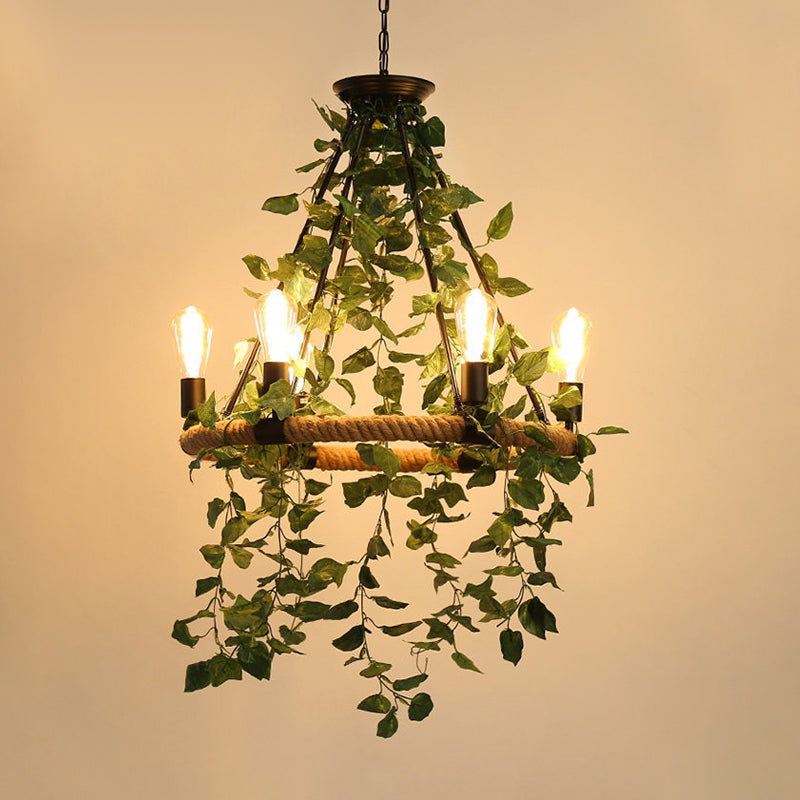 Green 6/8/14 Heads Suspension Lighting Industrial Metal Round Chandelier Light with Plant Decoration