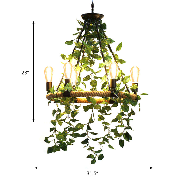 Green 6/8/14 Heads Suspension Lighting Industrial Metal Round Chandelier Light with Plant Decoration