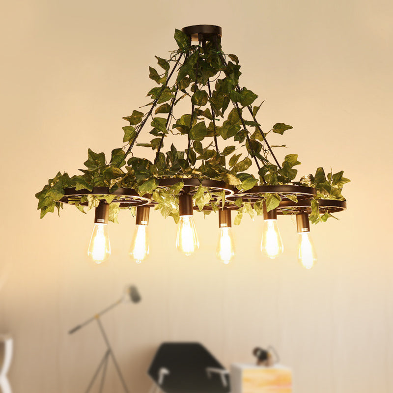 3/6 Heads Plant Ceiling Chandelier with Bare Bulb Metal Industrial Restaurant LED Pendant Light in Green