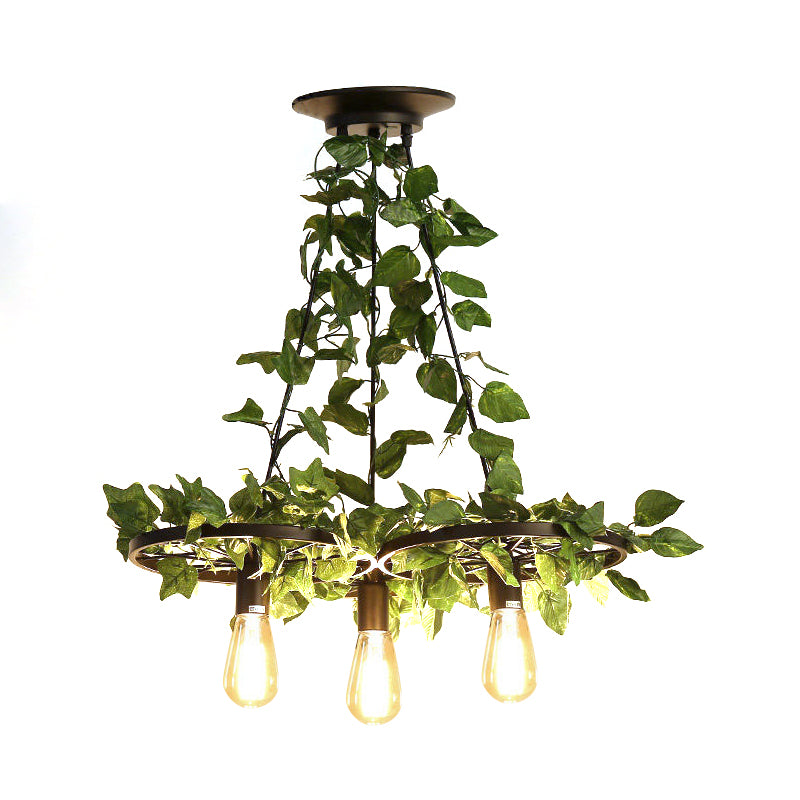 3/6 Heads Plant Ceiling Chandelier with Bare Bulb Metal Industrial Restaurant LED Pendant Light in Green