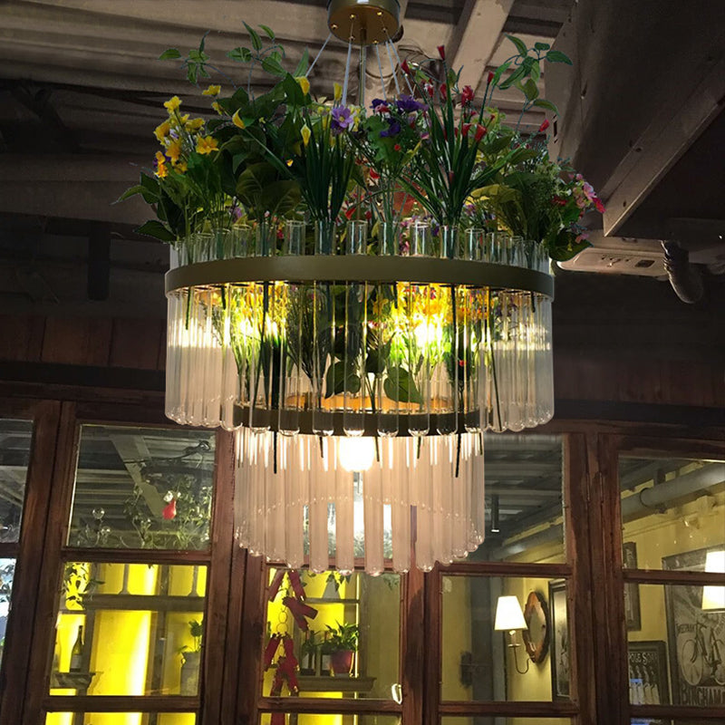 1/2-Tier Restaurant Chandelier Light Industrial Metal 4 Bulbs Green Plant Pendant Lighting Fixture, 19.5"/29.5" W