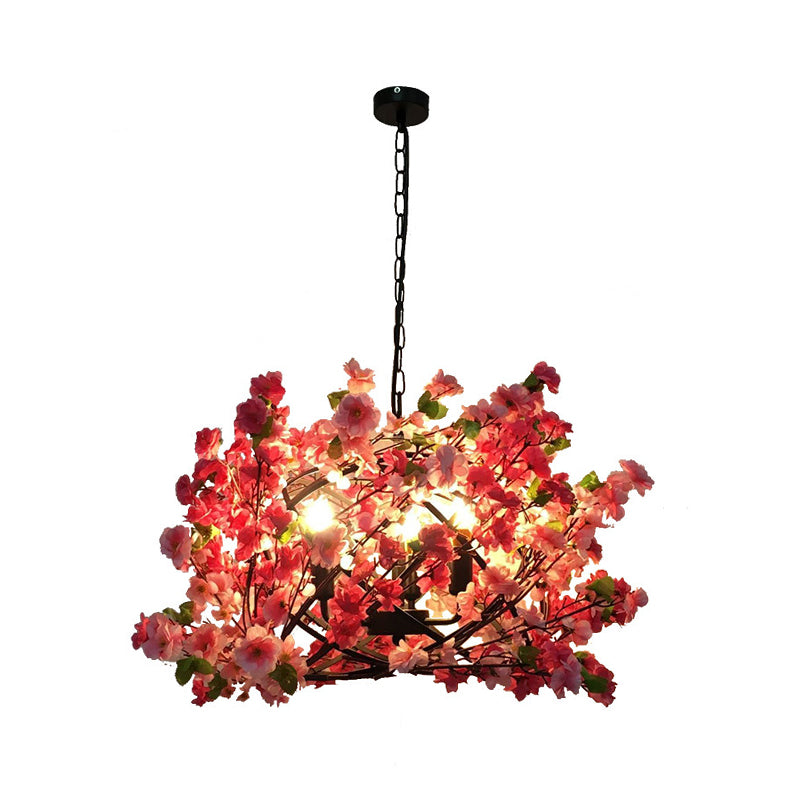 Metal Pink Hanging Chandelier Peach Blossom 3 Bulbs Industrial LED Ceiling Light for Restaurant