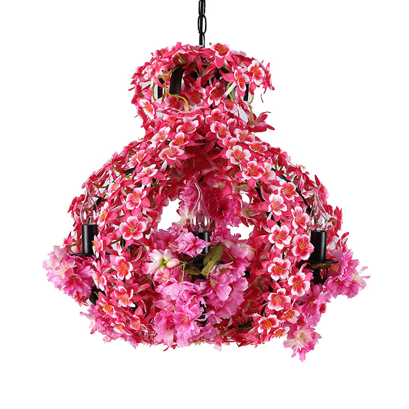 5 Lights Chandelier Lighting with Flower Metal Industrial LED Restaurant Drop Pendant in Pink