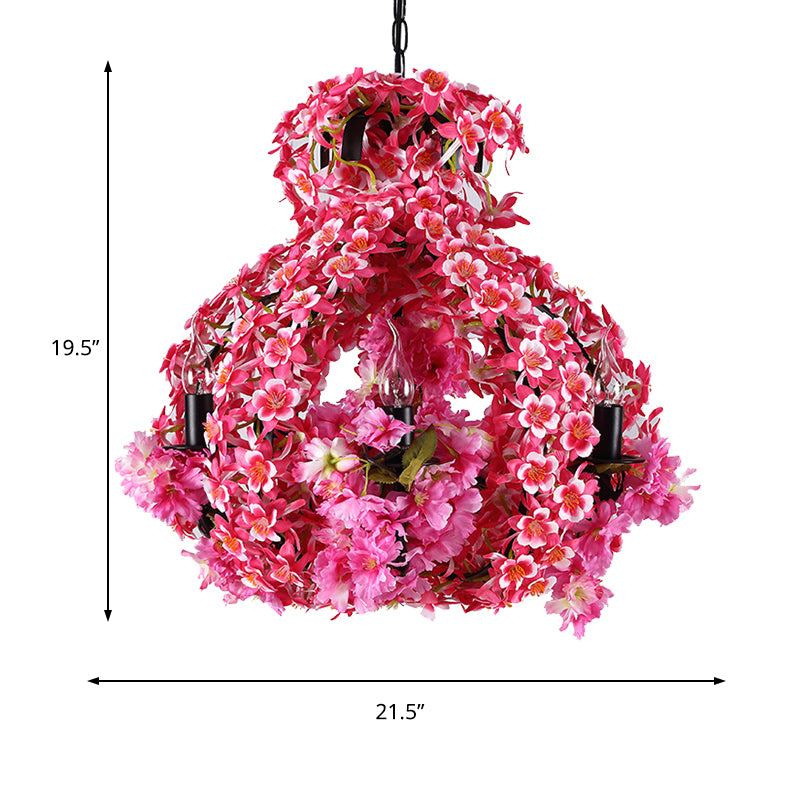 5 Lights Chandelier Lighting with Flower Metal Industrial LED Restaurant Drop Pendant in Pink